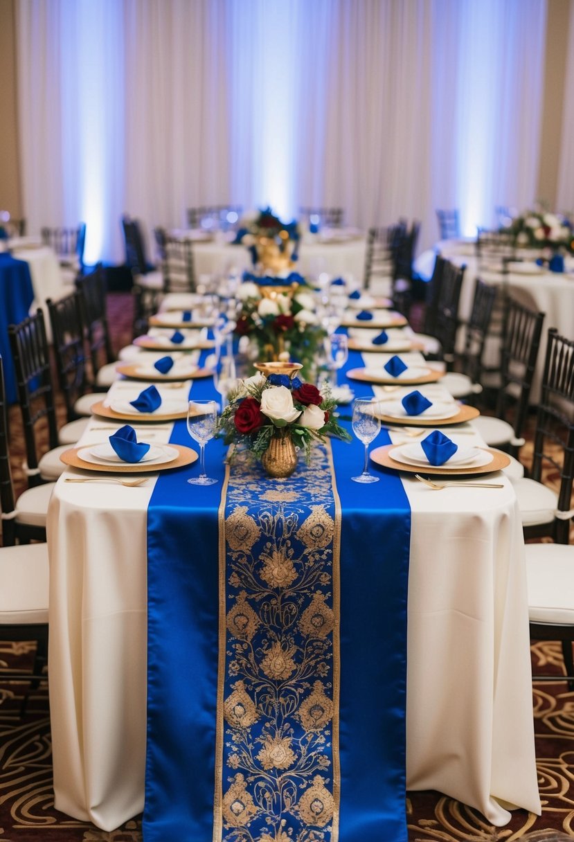 Royal blue silk runners drape elegantly across tables, adorned with jewel-tone wedding decorations