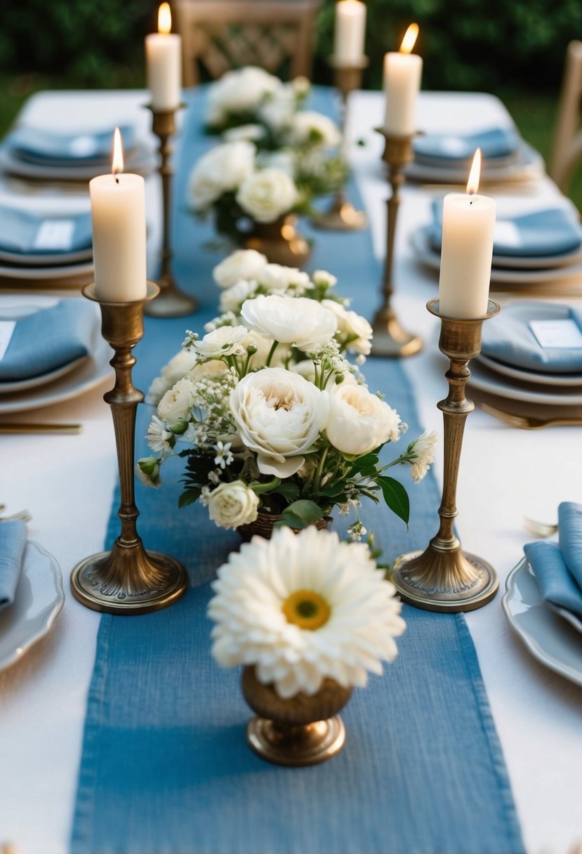 A dusty blue table runner adorned with delicate white flowers and vintage candle holders