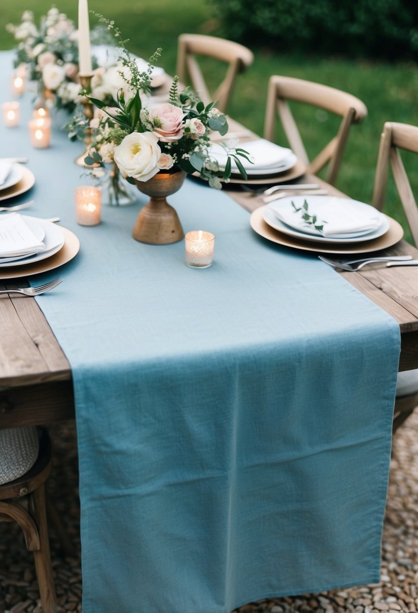 A dusty blue cheesecloth table runner drapes across a rustic wooden table, adorned with delicate floral arrangements and candles