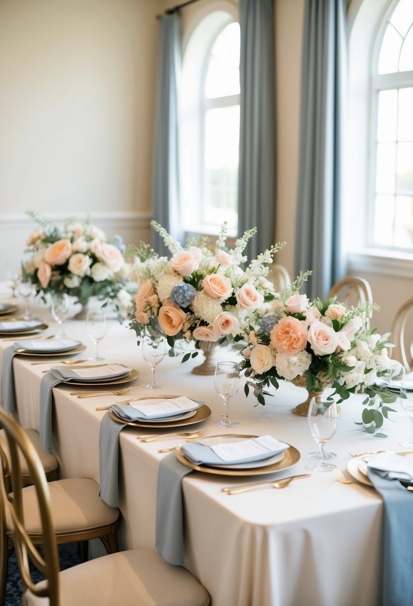 A table adorned with ivory and peach floral arrangements, complemented by dusty blue accents for a romantic wedding setting