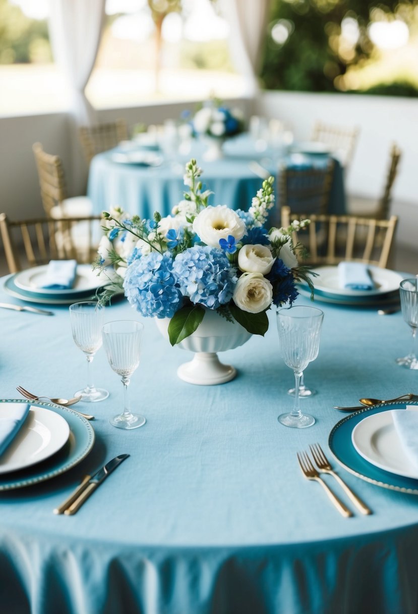 A dusty blue table adorned with a delicate centerpiece of blue and white flowers