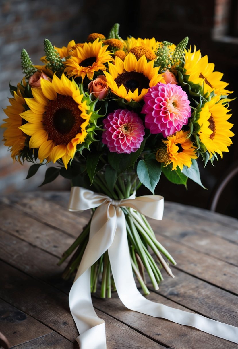 A lush bouquet of sunflowers, roses, and dahlias, tied with a flowing silk ribbon, sits on a rustic wooden table