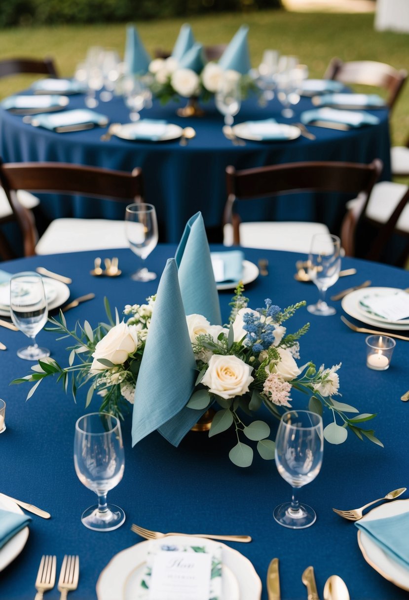 Dusty blue table napkins arranged on a navy tablecloth with matching floral centerpieces