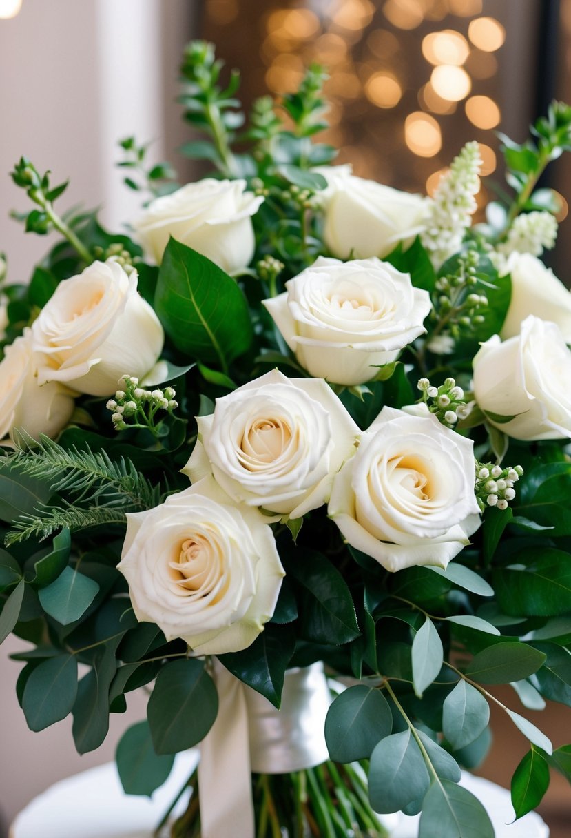 A lush bouquet of white roses and greenery, tied with a satin ribbon