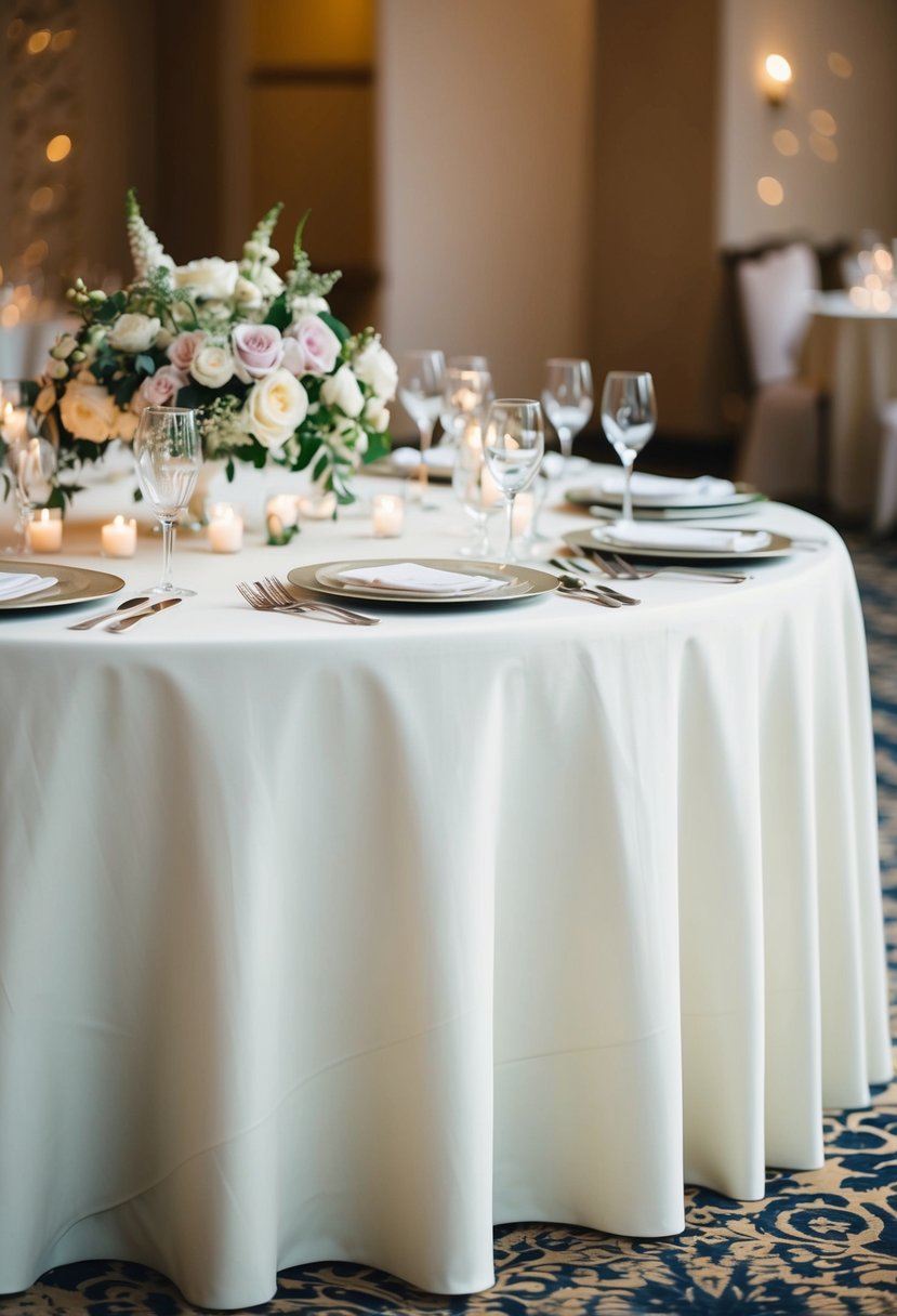 An elegant ivory linen tablecloth adorns a wedding table, adorned with delicate floral centerpieces and glistening silverware