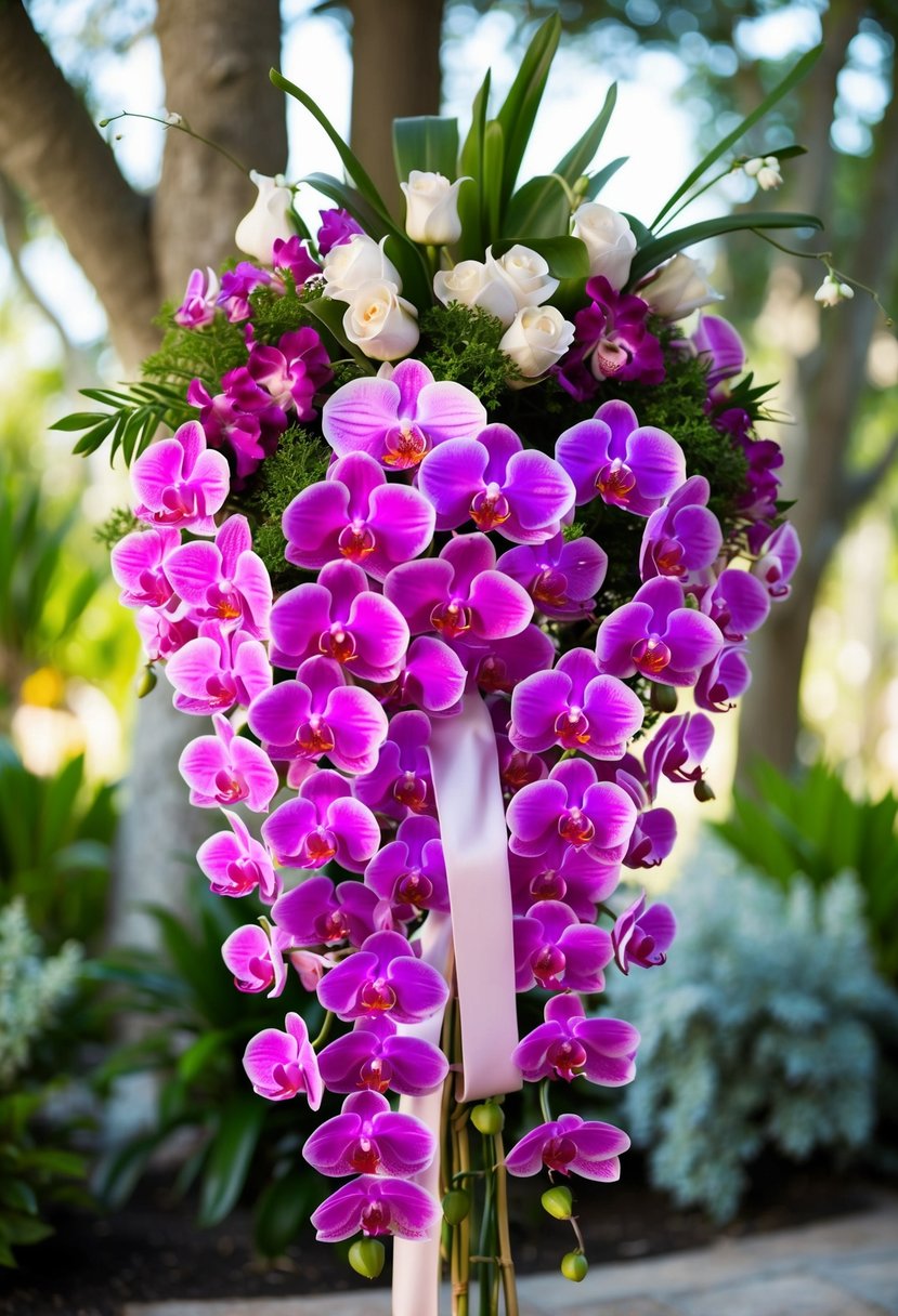 A vibrant bouquet of cascading orchids in shades of pink, purple, and white, accented with lush greenery and tied with a satin ribbon