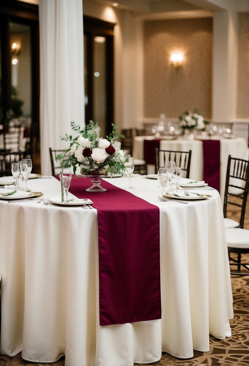 Ivory linens topped with burgundy runners adorn a wedding reception table, creating an elegant and sophisticated atmosphere