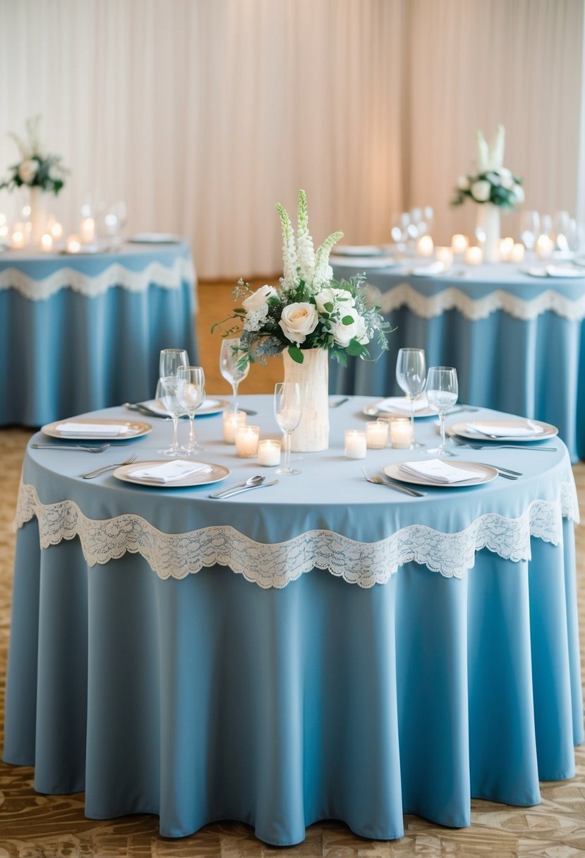 Dusty blue tablecloths with delicate lace trim, adorned with matching centerpieces and candles, creating a serene and elegant wedding table setting