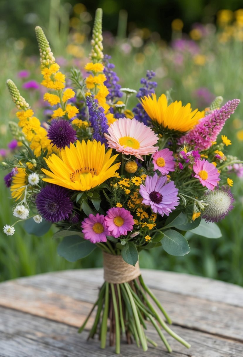 A vibrant assortment of wildflowers arranged in a rustic bouquet, featuring pops of yellow, purple, and pink, perfect for an August wedding