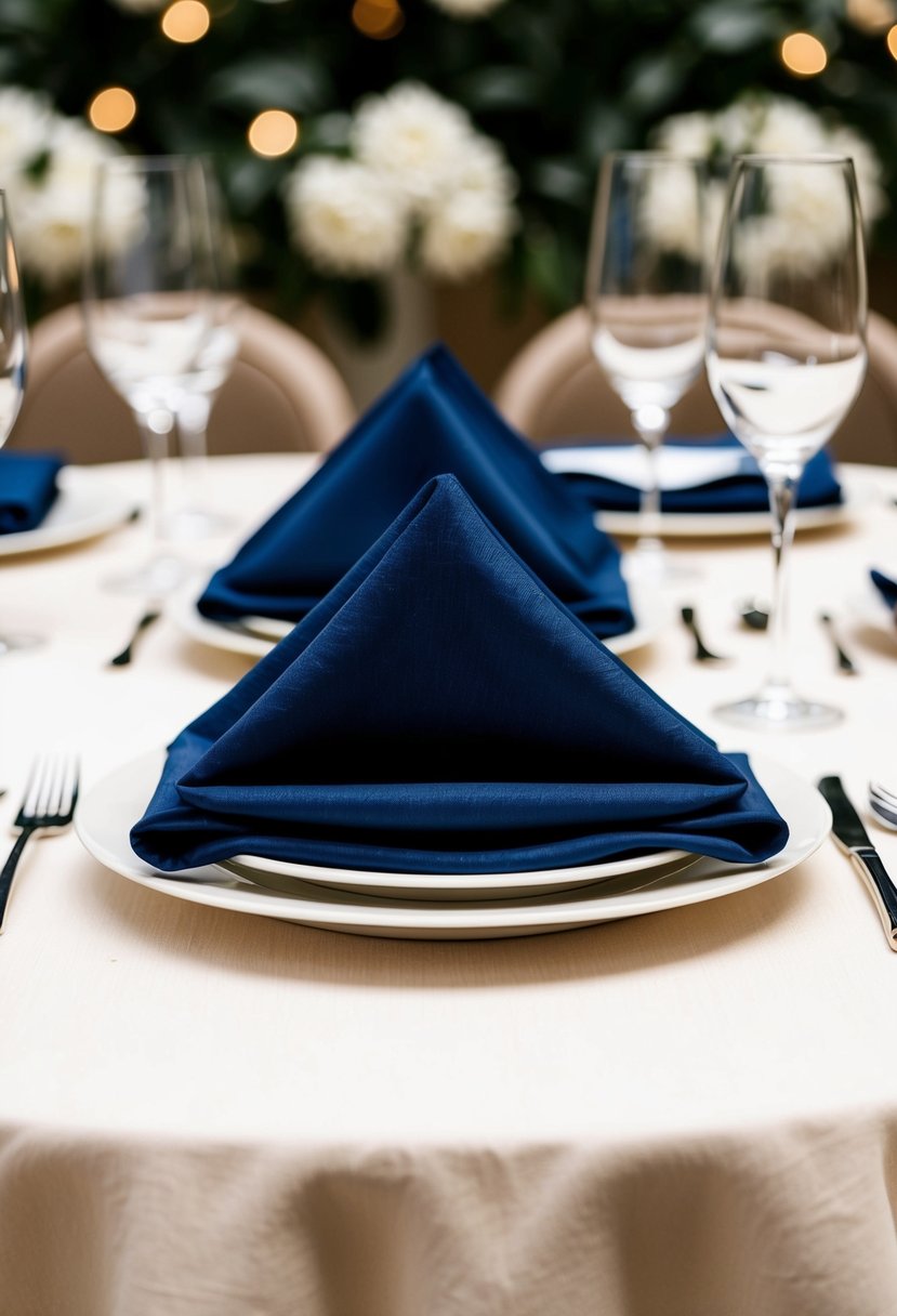 Navy napkins folded neatly on ivory linen table settings for a sophisticated wedding decor