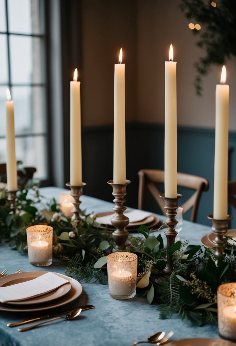 Tall elegant candles surrounded by greenery on a dusty blue wedding table