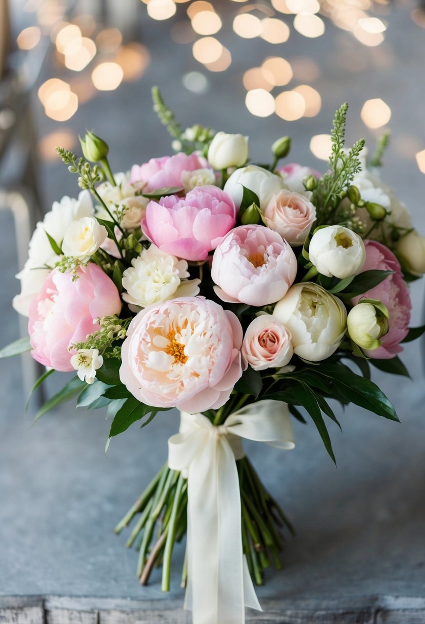 A lush bouquet of garden roses and peonies in soft pinks and whites, tied with a flowing ribbon