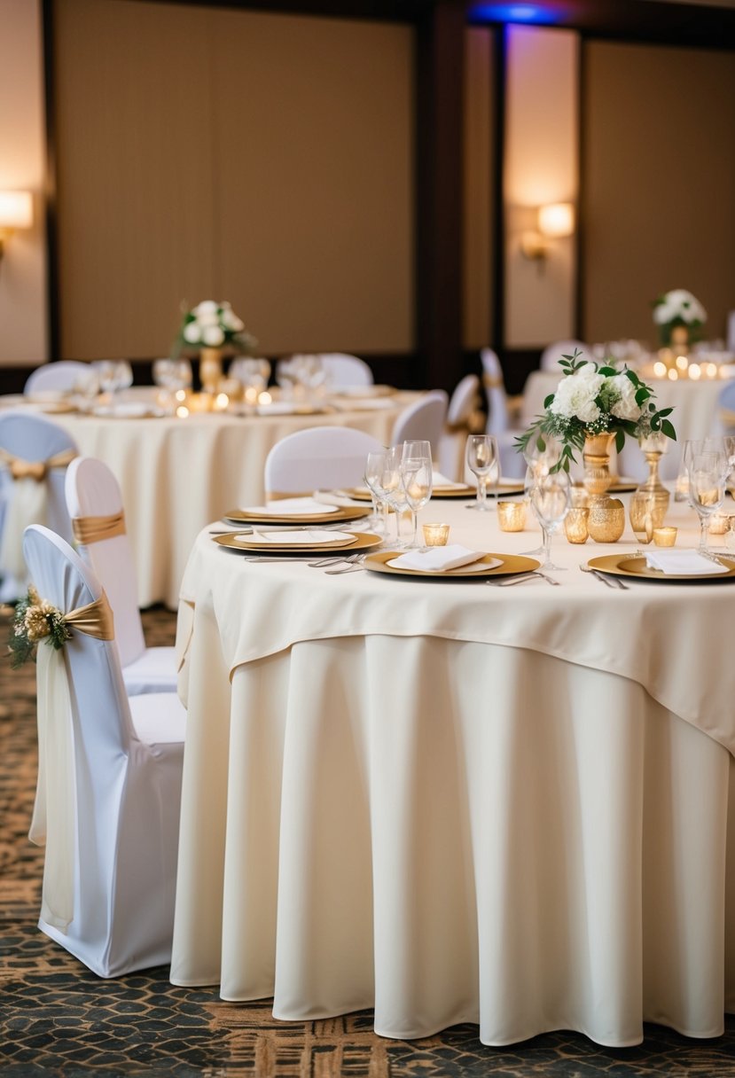 Ivory tablecloths adorned with gold accents set on a wedding reception table