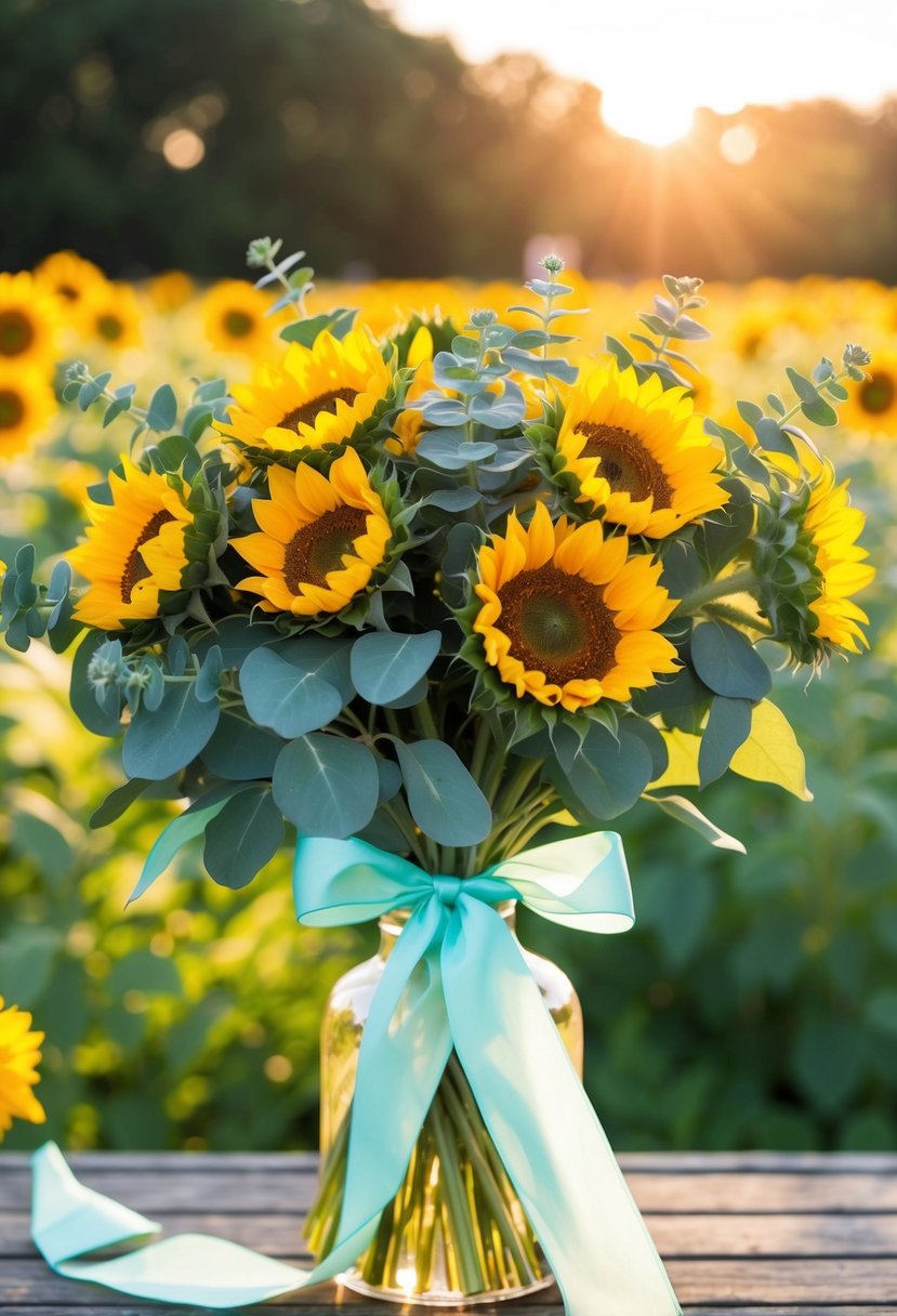 A vibrant bouquet of sunflowers and eucalyptus tied with a flowing ribbon, basking in the warm glow of the summer sun