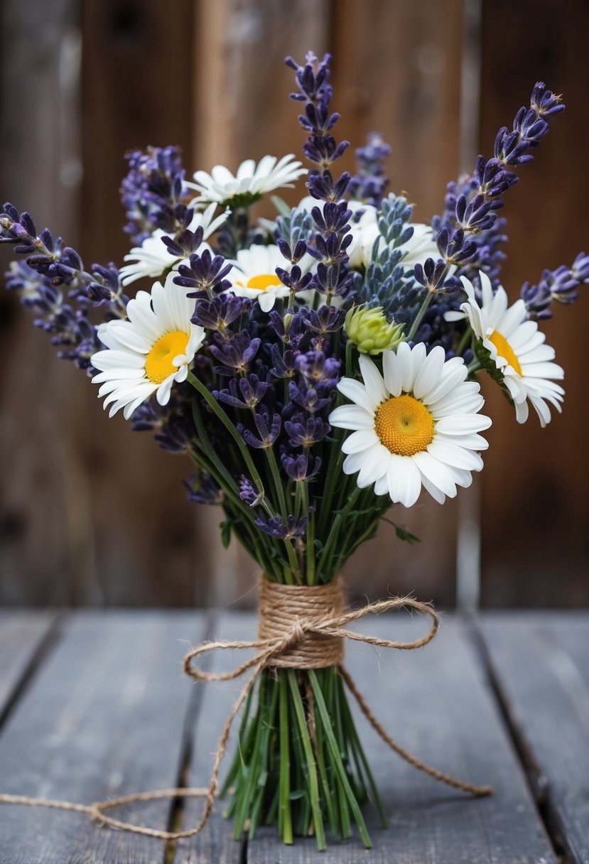 A rustic bouquet of lavender and daisies tied with twine