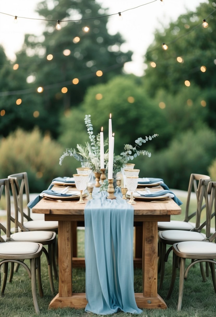 A rustic boho table adorned with dusty blue decor for a wedding