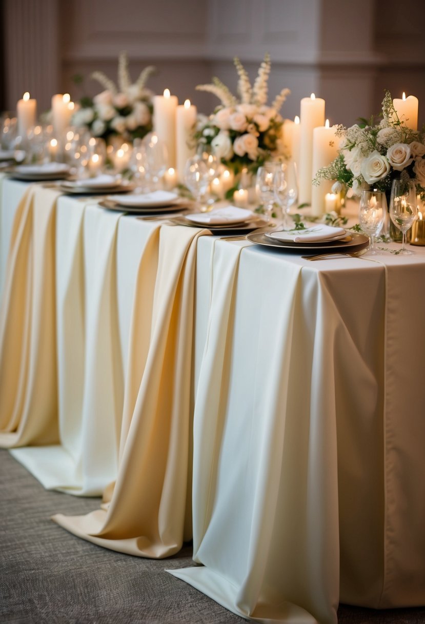 Ivory and cream linens draped over a wedding table, adorned with delicate floral centerpieces and flickering candlelight