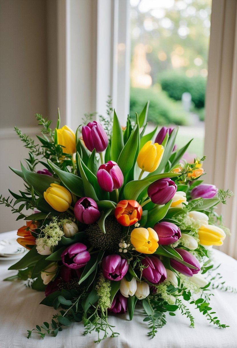 A lush bouquet of colorful tulips and delicate greenery arranged in a romantic and elegant ensemble, perfect for an August wedding celebration