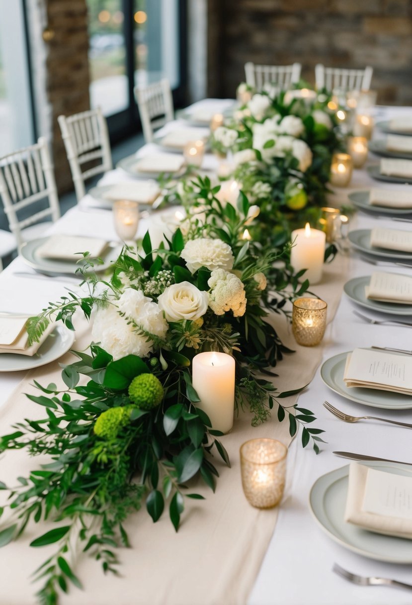 A table adorned with ivory linen and adorned with fresh greenery for a natural and elegant wedding decoration