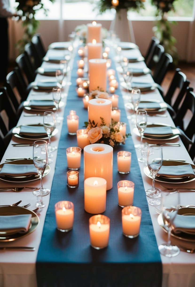 Dusky blue table runners adorned with candles create a romantic wedding table setting