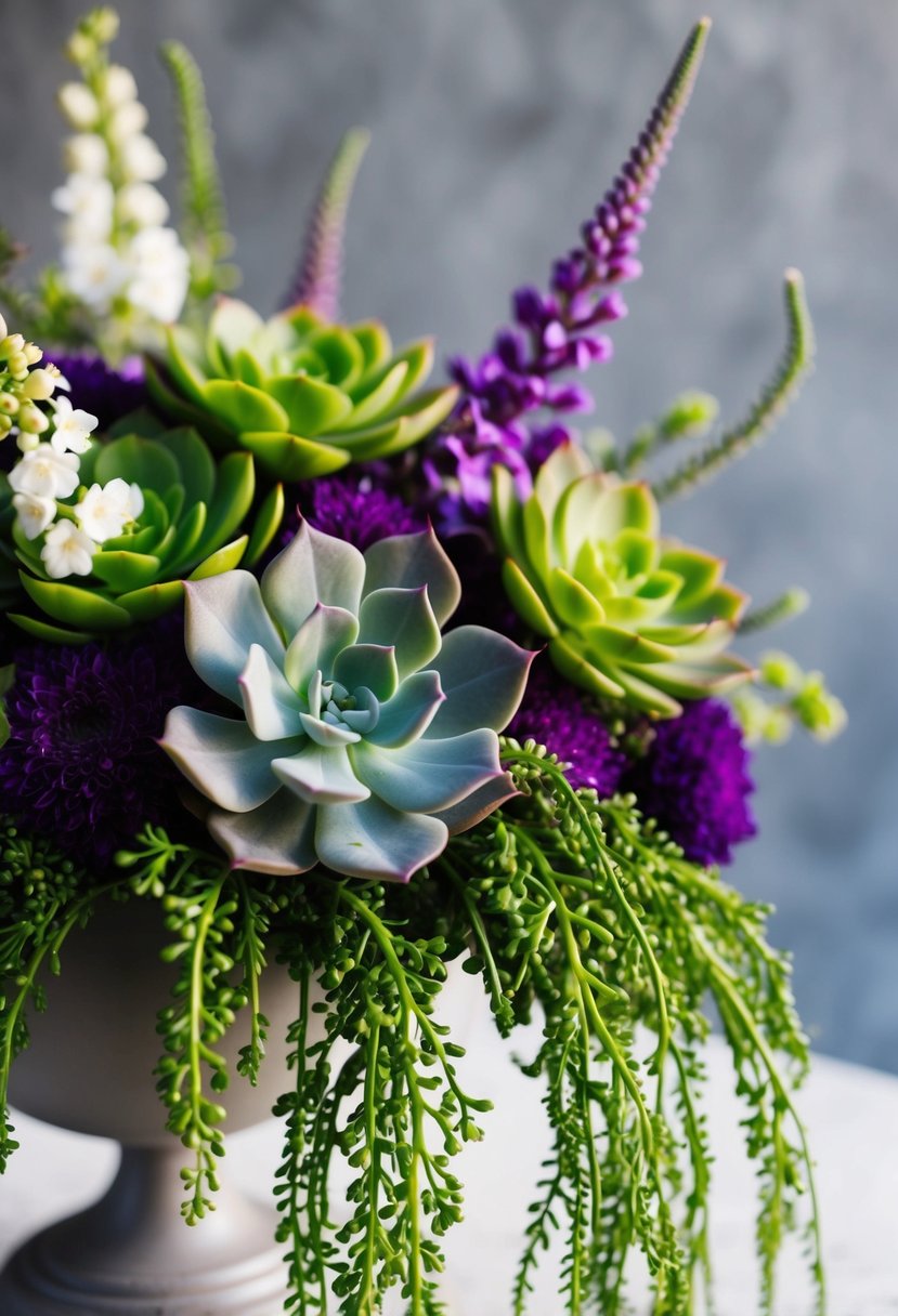 A modern succulent bouquet with vibrant green and purple hues, accented by delicate white flowers and cascading greenery