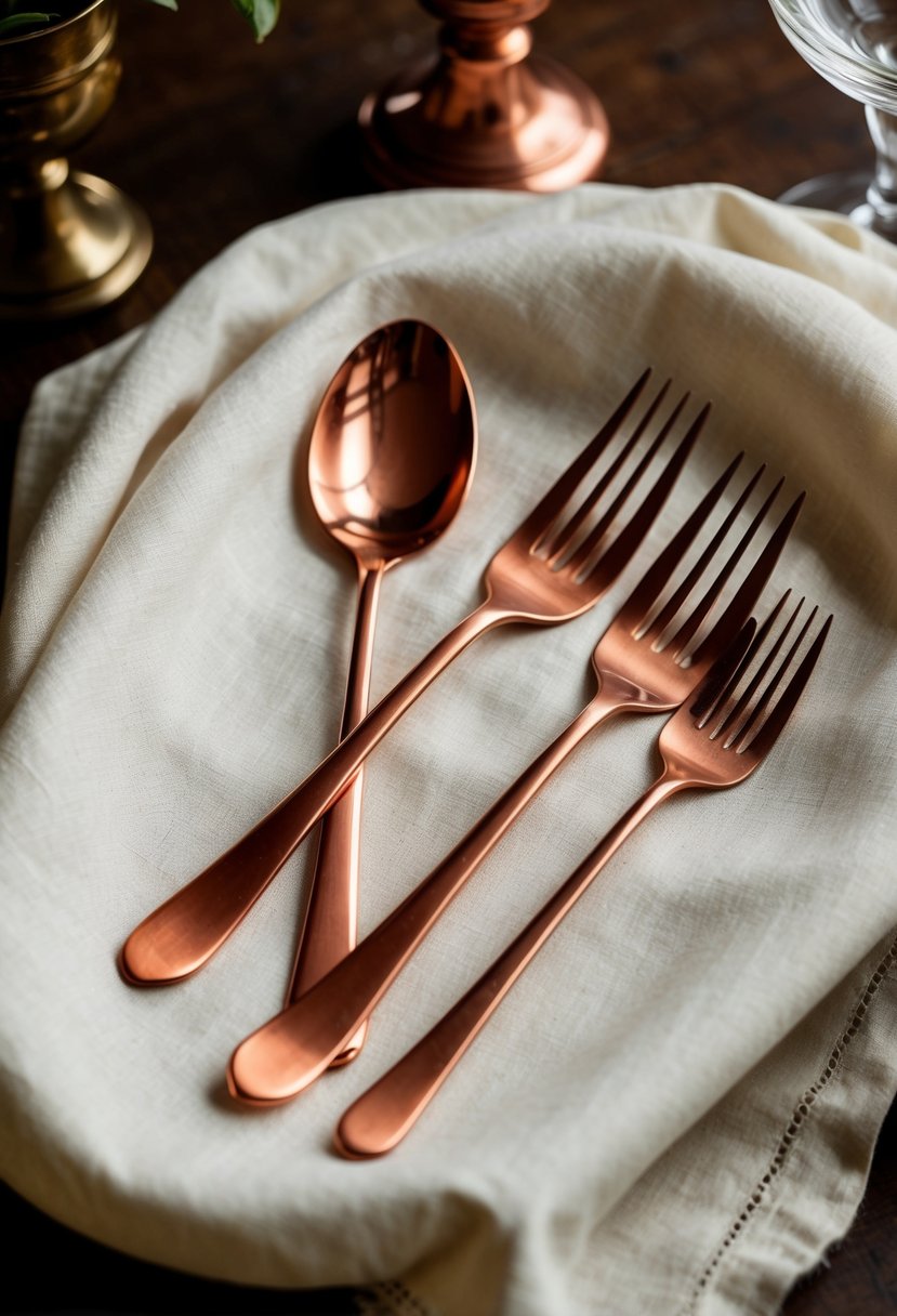 Copper flatware rests on ivory linen, surrounded by bronze accents