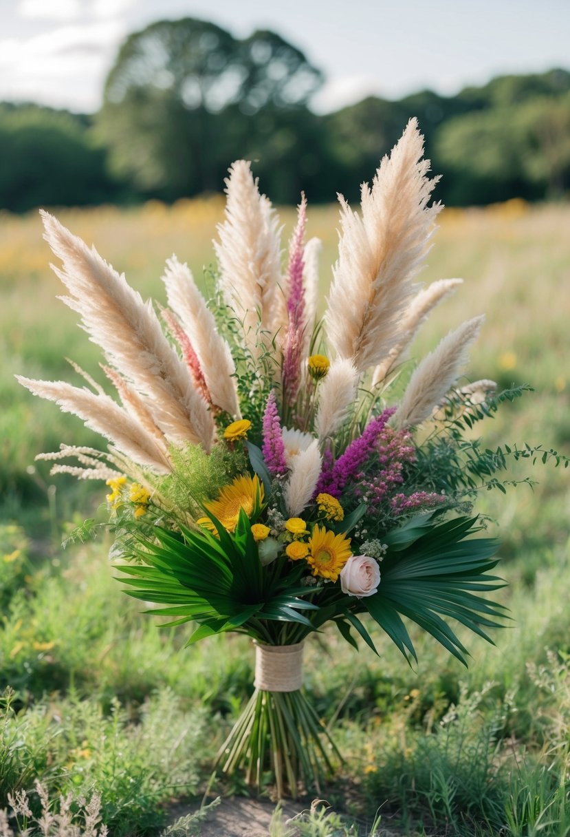 A vibrant bouquet of pampas grass, wildflowers, and greenery arranged in a rustic, bohemian style