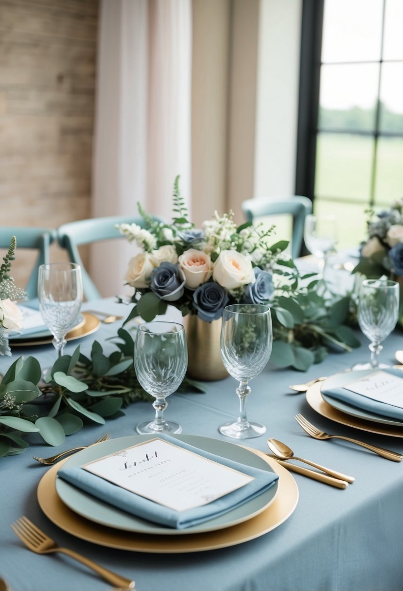 A table set with dusty blue wedding decor, including sheer bridal shower accents