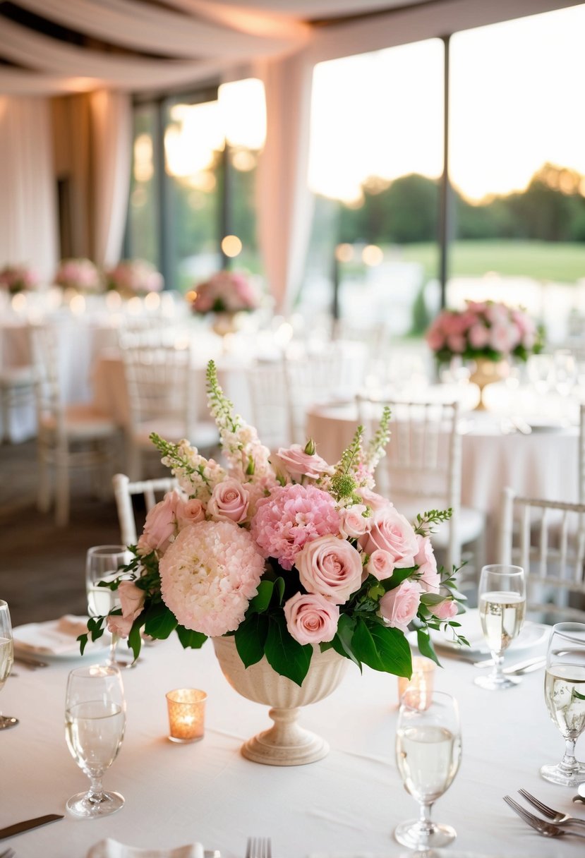 Soft pink floral centerpieces adorn ivory linen wedding tables