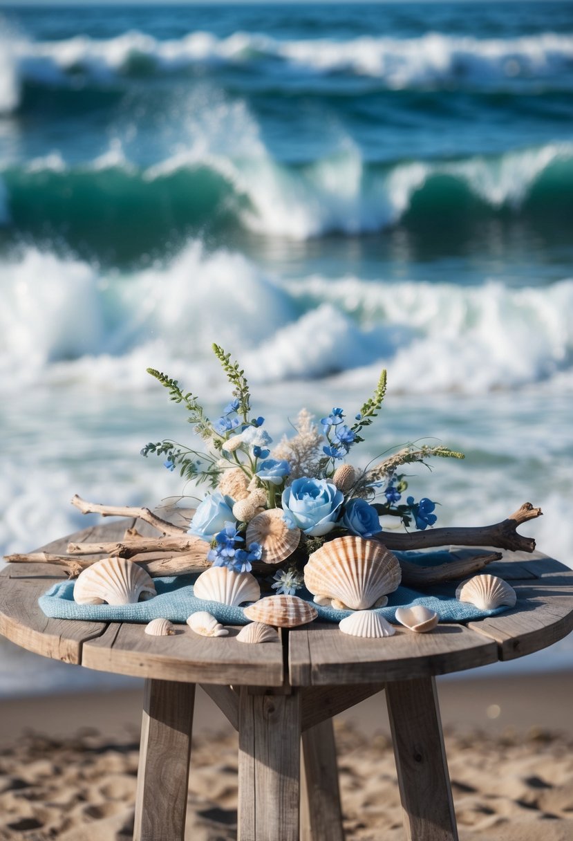 A rustic wooden table adorned with seashells, driftwood, and soft blue florals, set against a backdrop of crashing ocean waves