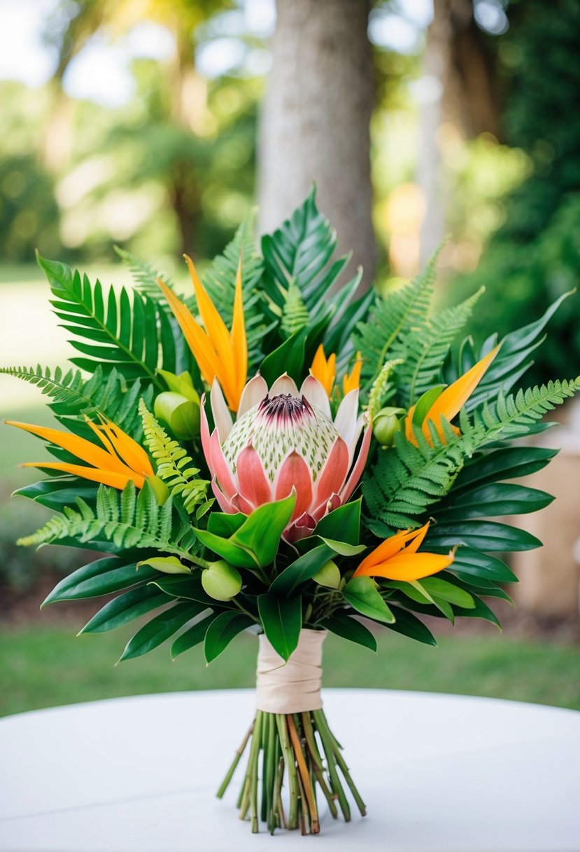 A vibrant bouquet of tropical protea and lush ferns, arranged in an elegant and romantic style for an August wedding