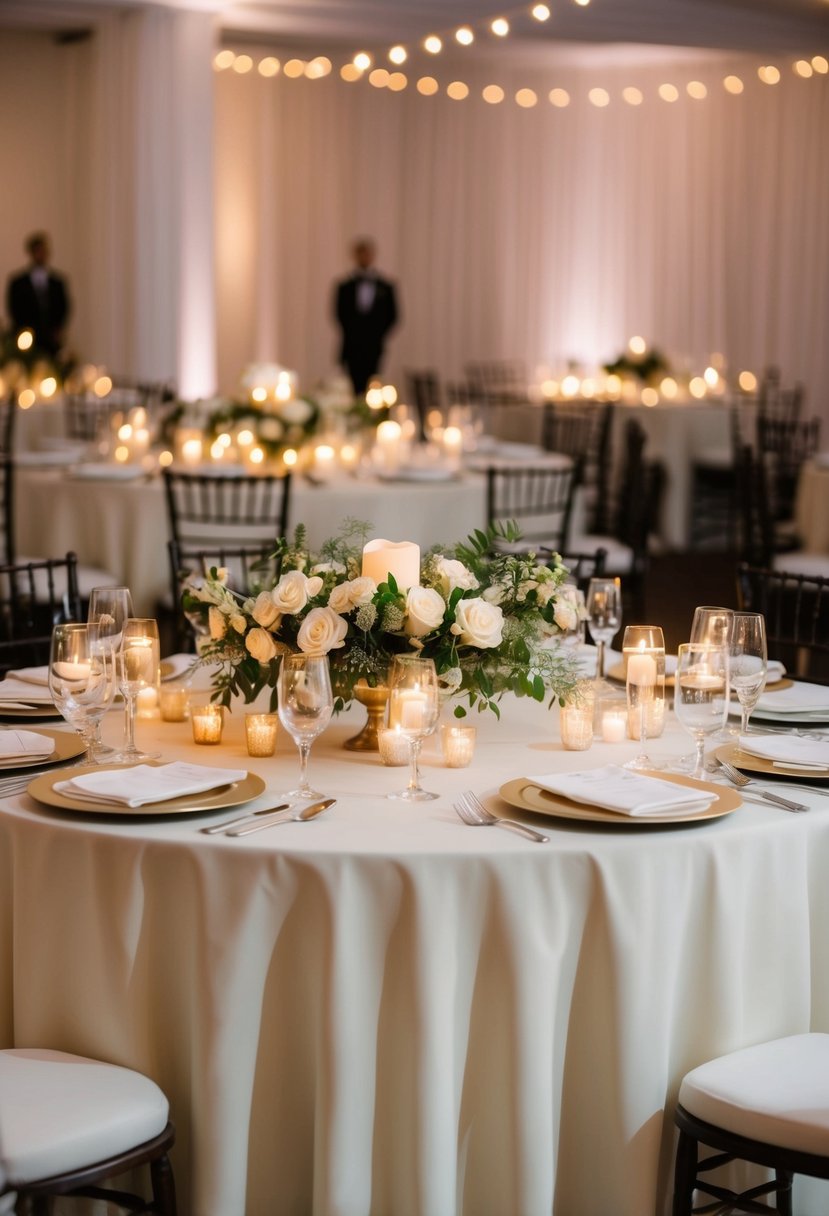 An elegant ivory linen table adorned with flickering candlelight for a warm and romantic wedding reception