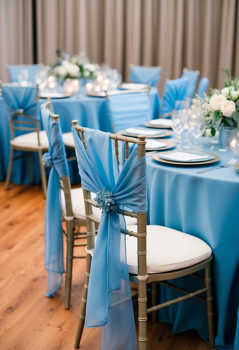 Soft blue chiffon chair sashes draped elegantly over chairs, complementing dusty blue table decorations at a wedding reception