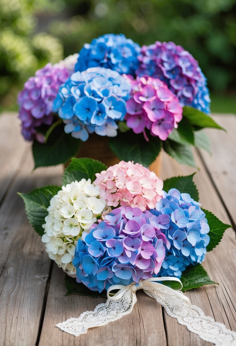 A rustic wooden table adorned with a lush assortment of vintage hydrangeas in varying shades of blue, pink, and purple, tied together with a delicate lace ribbon