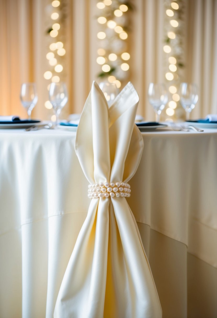 A cream-colored linen tablecloth adorned with pearl napkin rings, set against a backdrop of elegant ivory wedding decor