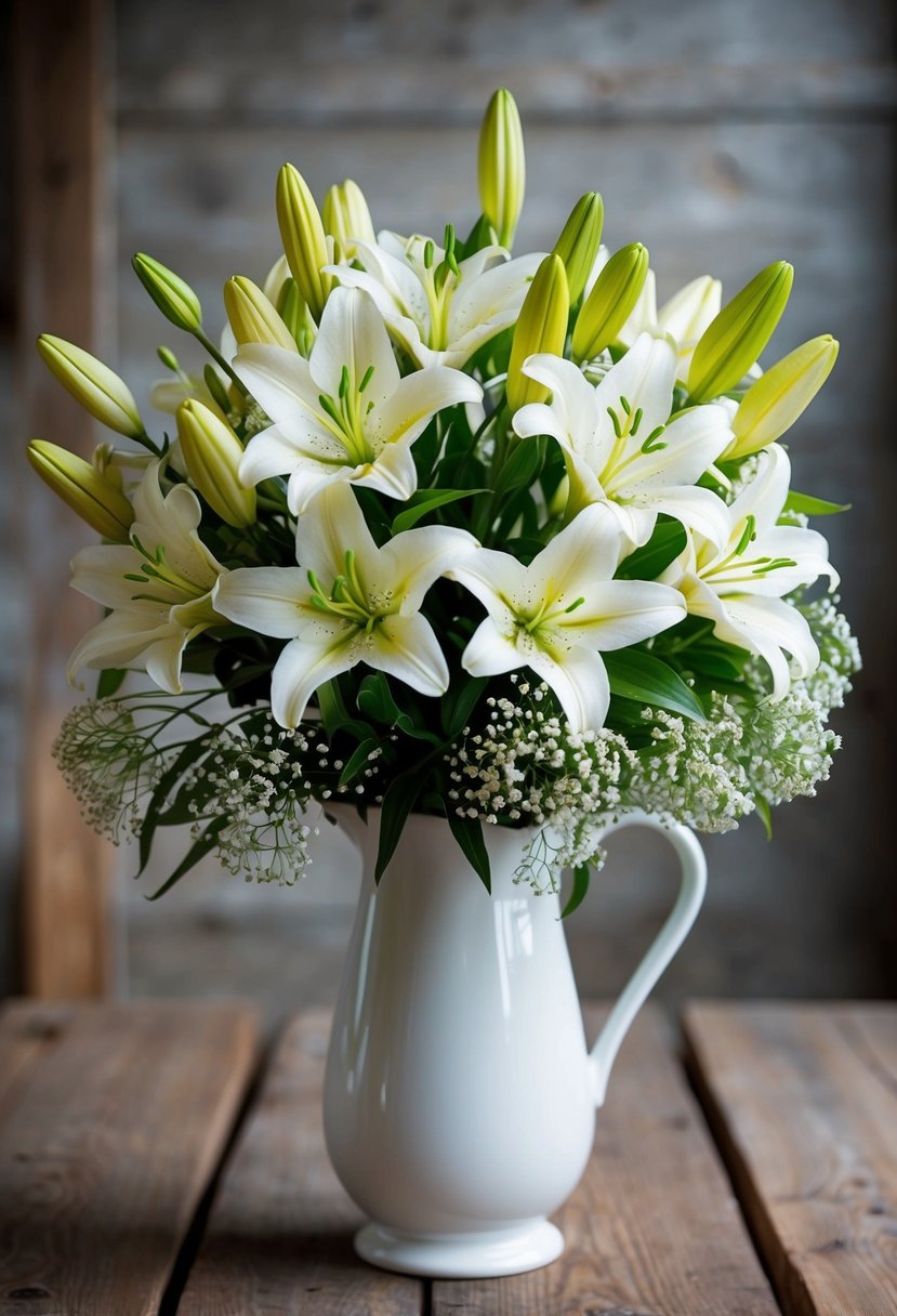 A lush bouquet of spring lilies and delicate baby's breath, arranged in a white vase on a rustic wooden table