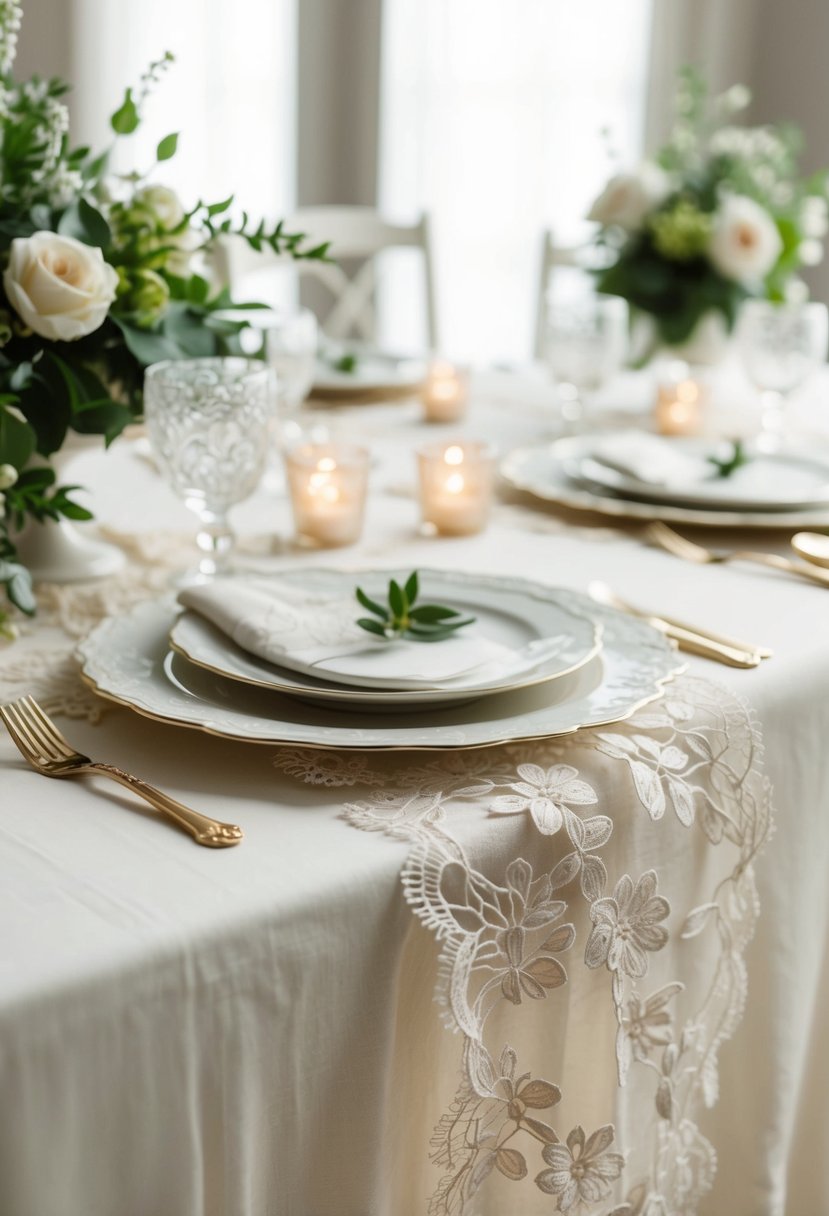 Delicate lace overlays on ivory linen tablescape