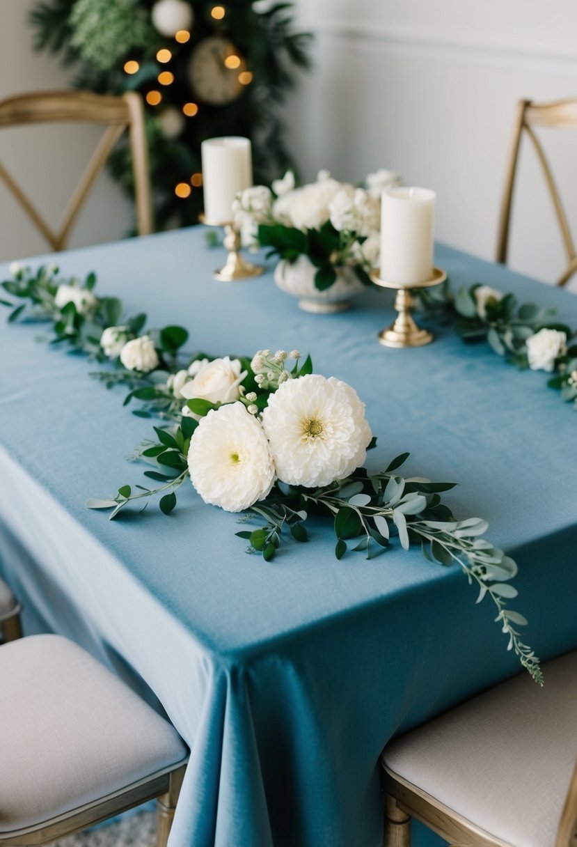 A dusty blue table adorned with an ivory floral garland