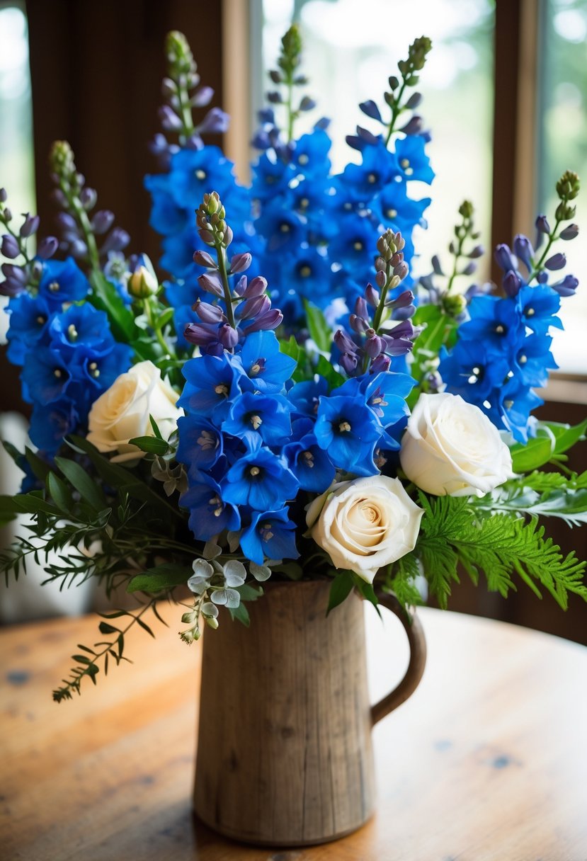 A vibrant bouquet of blue delphiniums, accented with white roses and greenery, arranged in a rustic wooden vase