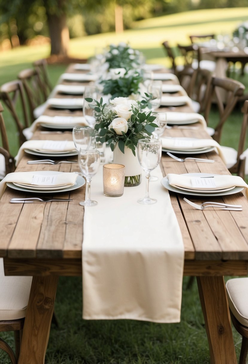 Rustic wooden tables adorned with ivory linens create a simple yet elegant wedding table setting