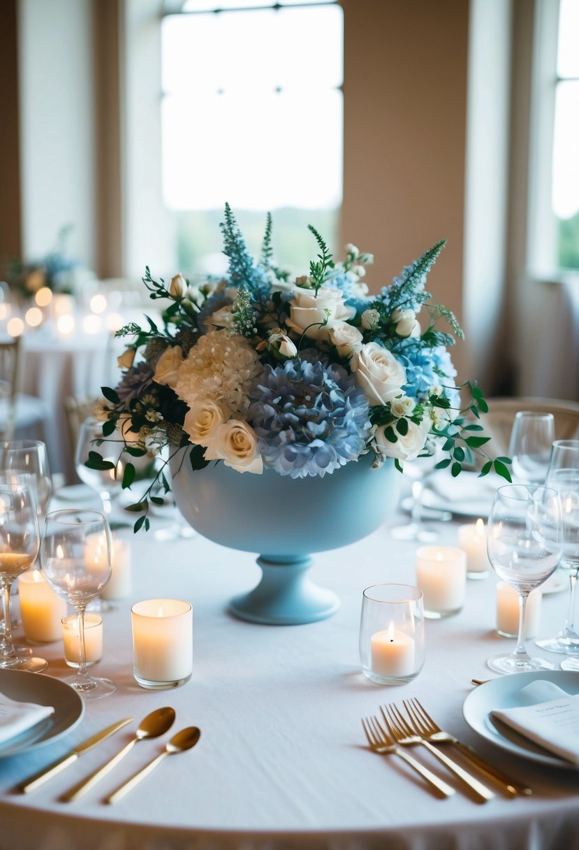 A delicate dusty blue centerpiece sits on a wedding table, surrounded by elegant floral arrangements and soft candlelight