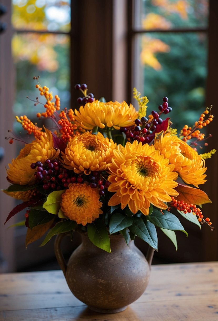 An elegant bouquet of autumn chrysanthemums, accented with colorful leaves and berries, arranged in a rustic vase