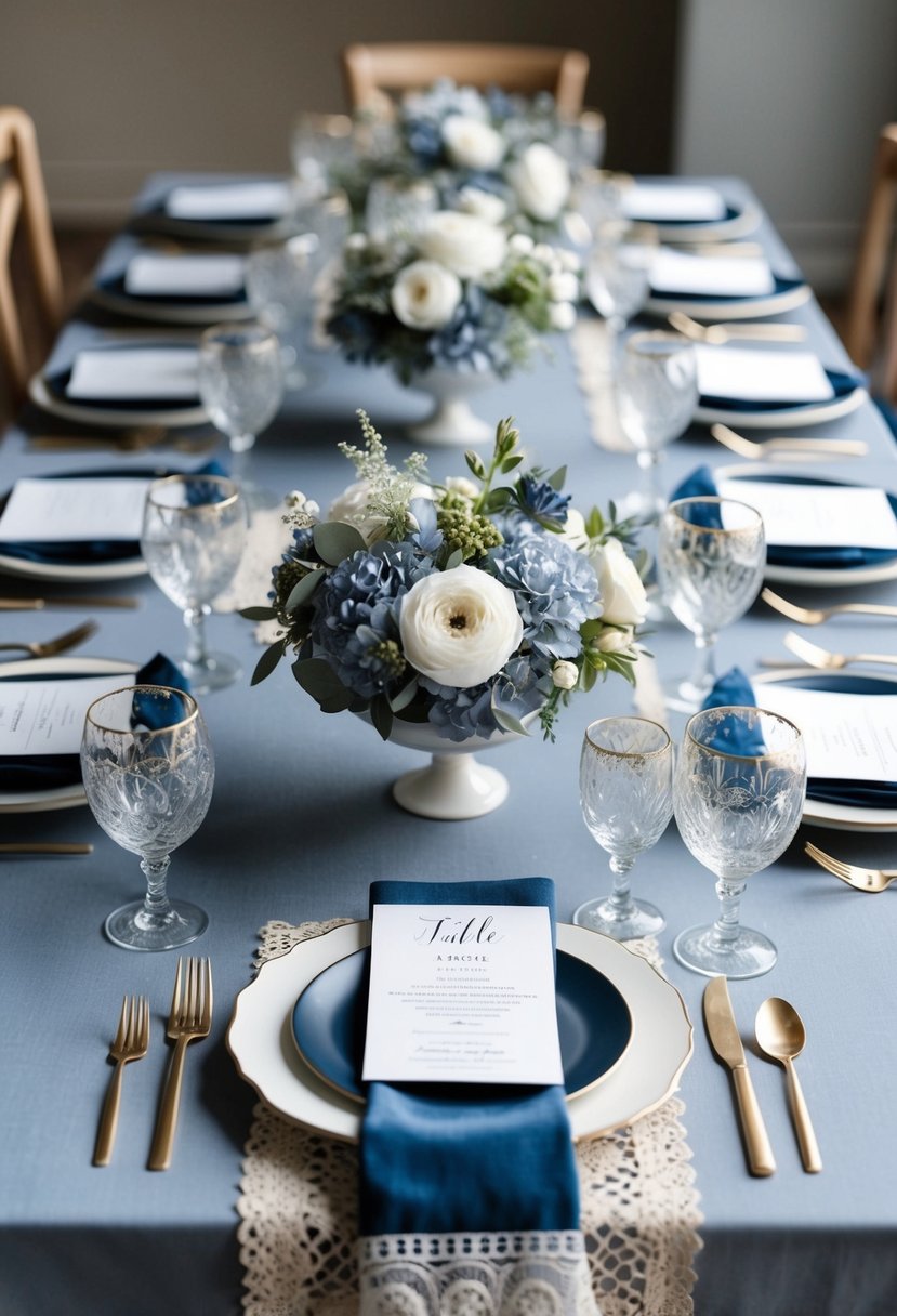 A dusty blue and navy color scheme table set with elegant floral centerpieces and delicate lace accents