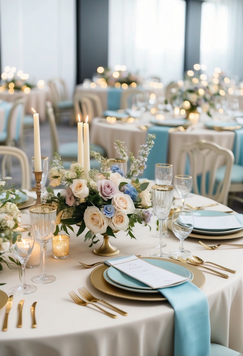 An elegant table set with pastel blue and ivory linen, adorned with delicate floral centerpieces and twinkling candlelight