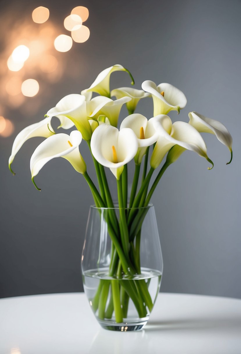 A simple, elegant bouquet of white calla lilies in a modern glass vase