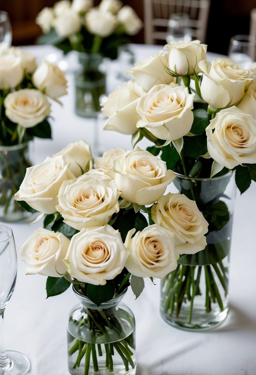 Ivory roses arranged in glass vases on linen-covered wedding tables