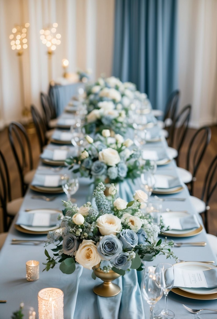 A table adorned with soft, romantic flower arrangements in dusty blue hues for a wedding decoration