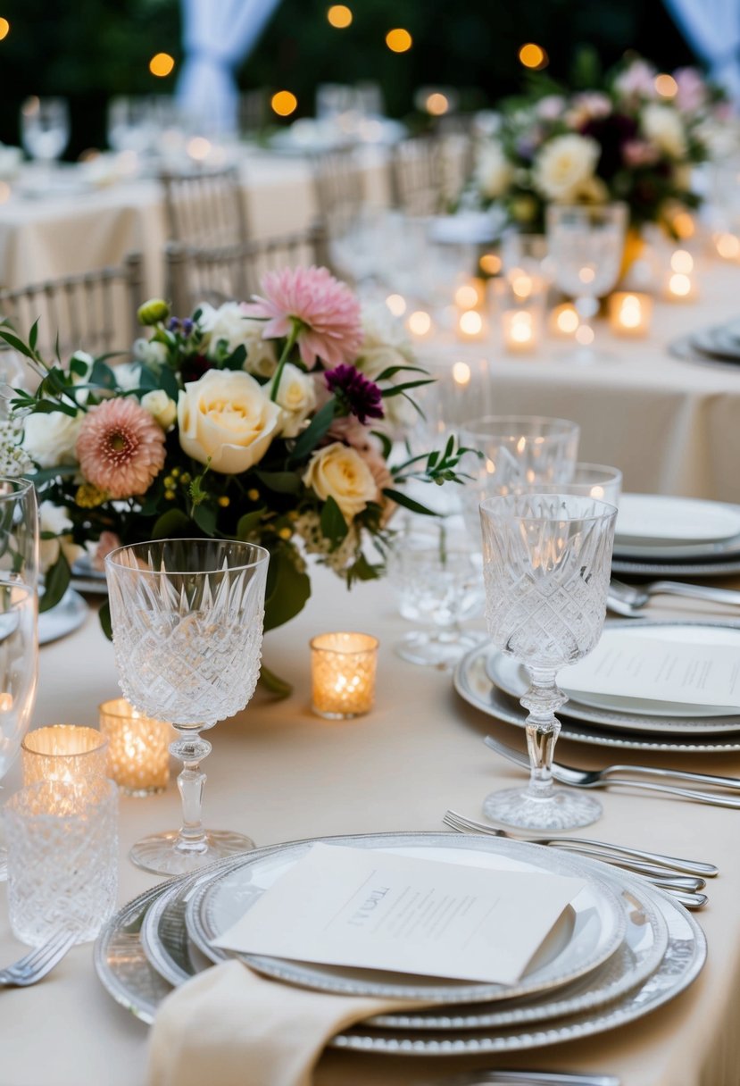 A table set with crystal glassware and ivory linen, adorned with delicate floral centerpieces and twinkling tea lights