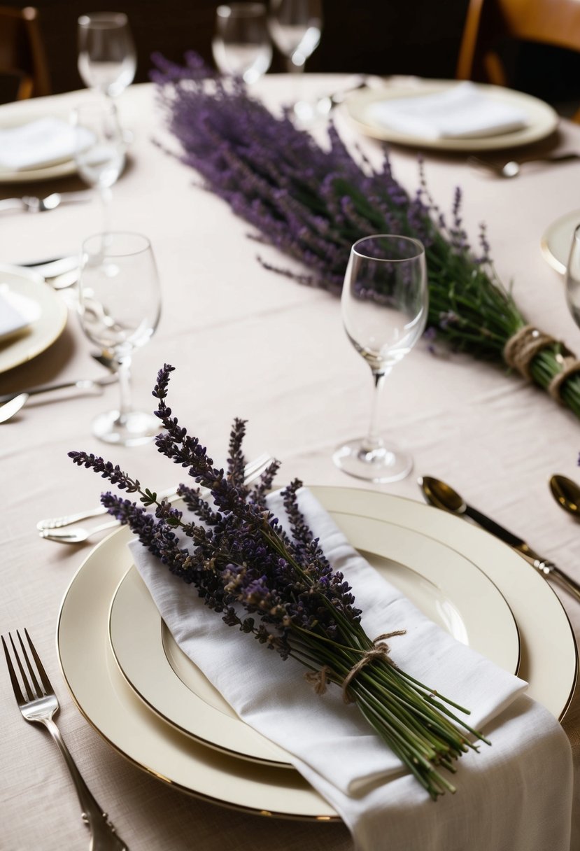 Ivory table settings adorned with sprigs of lavender on a linen tablecloth