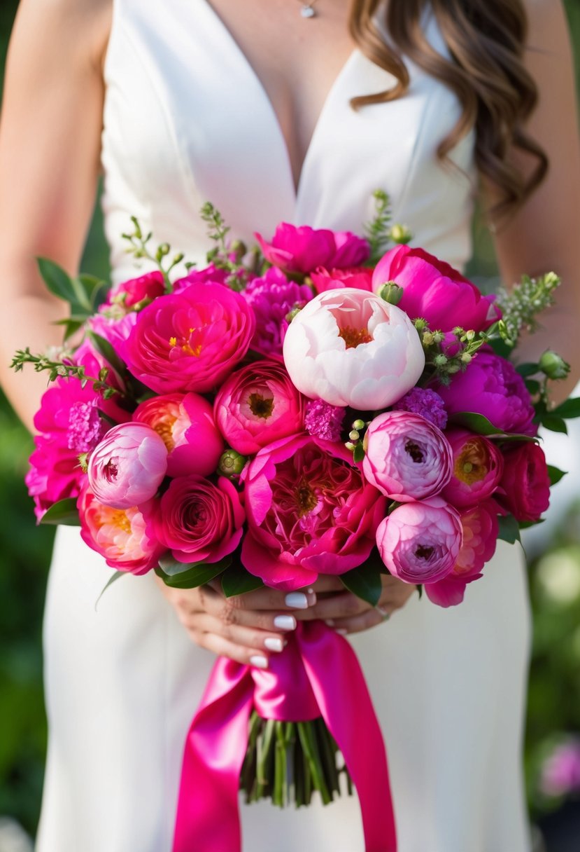 A vibrant hot pink wedding bouquet with roses, peonies, and ranunculus, tied with a satin ribbon